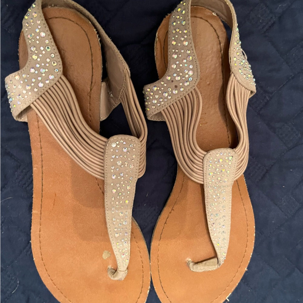Madden Girl sandals with sparkly sequins in a light gold beigey color